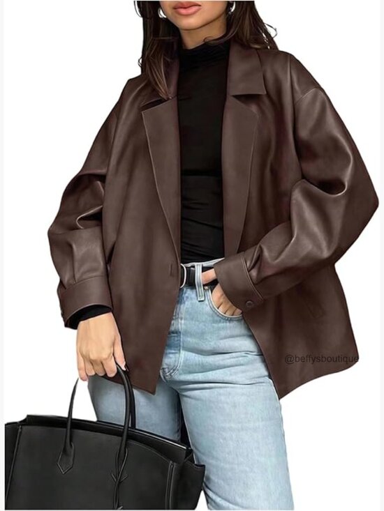 Jackets & Blazers - Faux Leather Lapel Collar Blazer Open Front Oversized Business Work Jacket